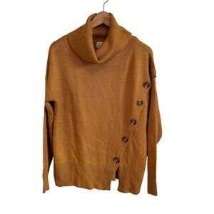 Poof Apparel Womens Mustard Yellow Cowl Neck Button Accent‎ Sweater Medium